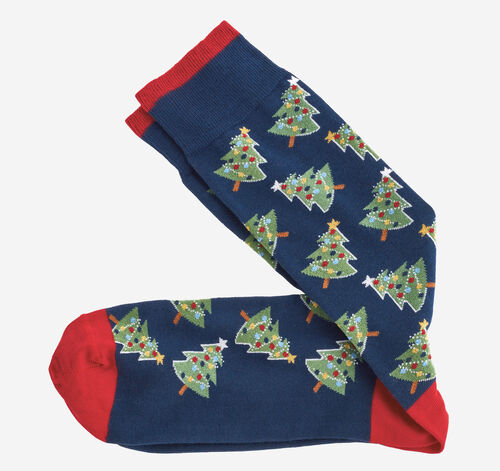 Pima Cotton Holiday-Themed Socks - Navy Christmas Trees