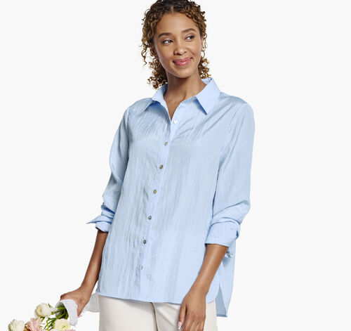 Crinkle Button-Front Shirt - Light Blue