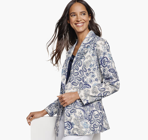 Paisley Printed Linen-Blend Blazer - White/Navy