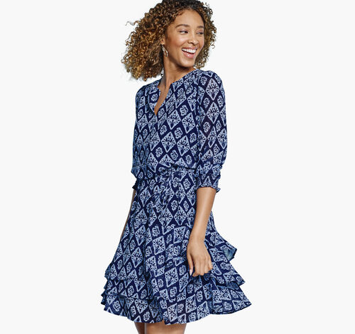 Tiered V-Neck Print Dress - Navy Knit