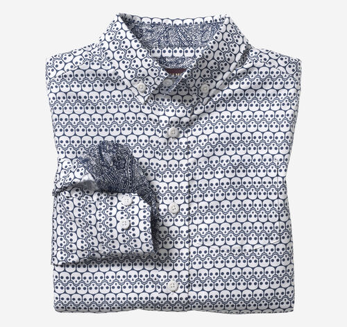 Boys Long-Sleeve Print Shirt - Navy/White Repeating Skull