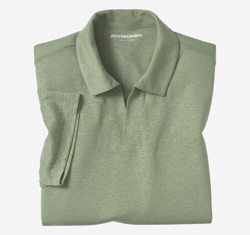 Linen-Blend V-Neck Polo - Green