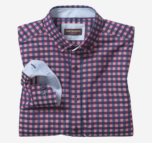 Button-Collar Premium Cotton Shirt - Red/Navy Dark Twill Gingham