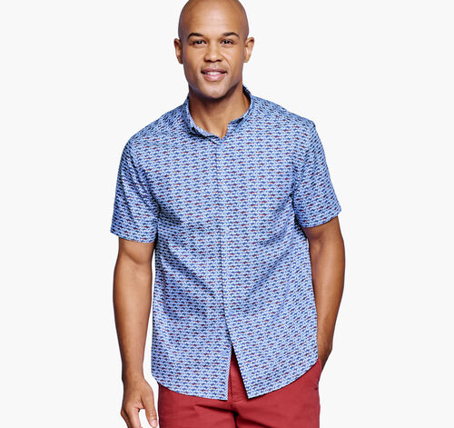 Printed Cotton Short-Sleeve Shirt - Blue Patriotic Shark