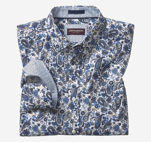 Printed Cotton Shirt - Blue Watercolor Paisley